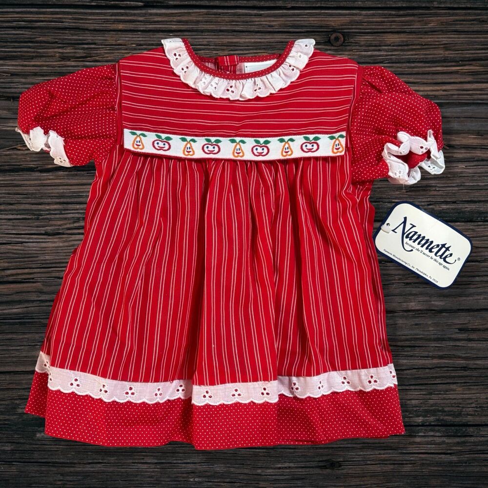 Vintage 70s 80s Nannette Baby Girl Dress 15-18M Apple Pear Smocked Prairie
